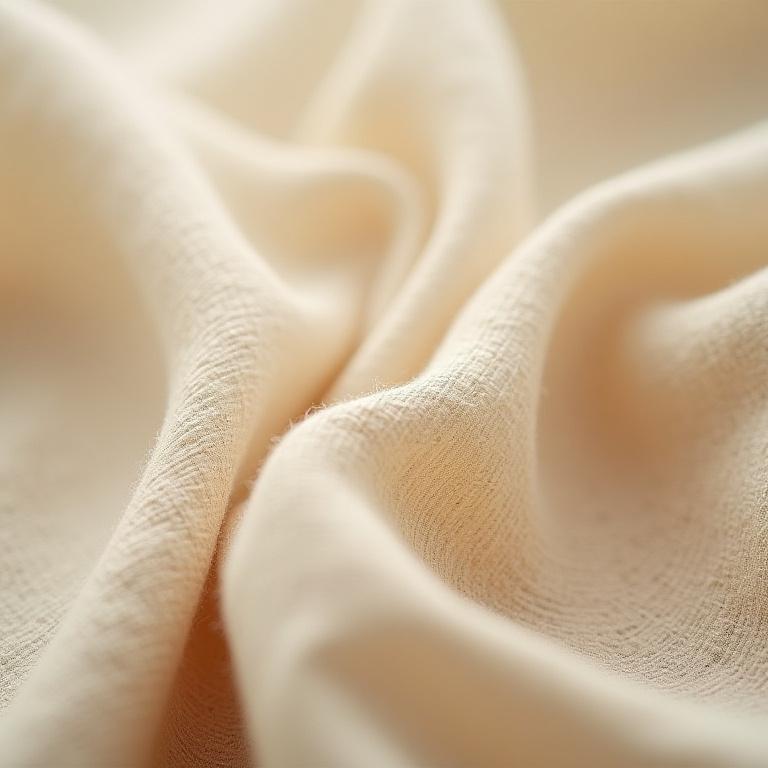 Primer plano de la textura de un tejido de lino beige natural, mostrando la calidad de la fibra.